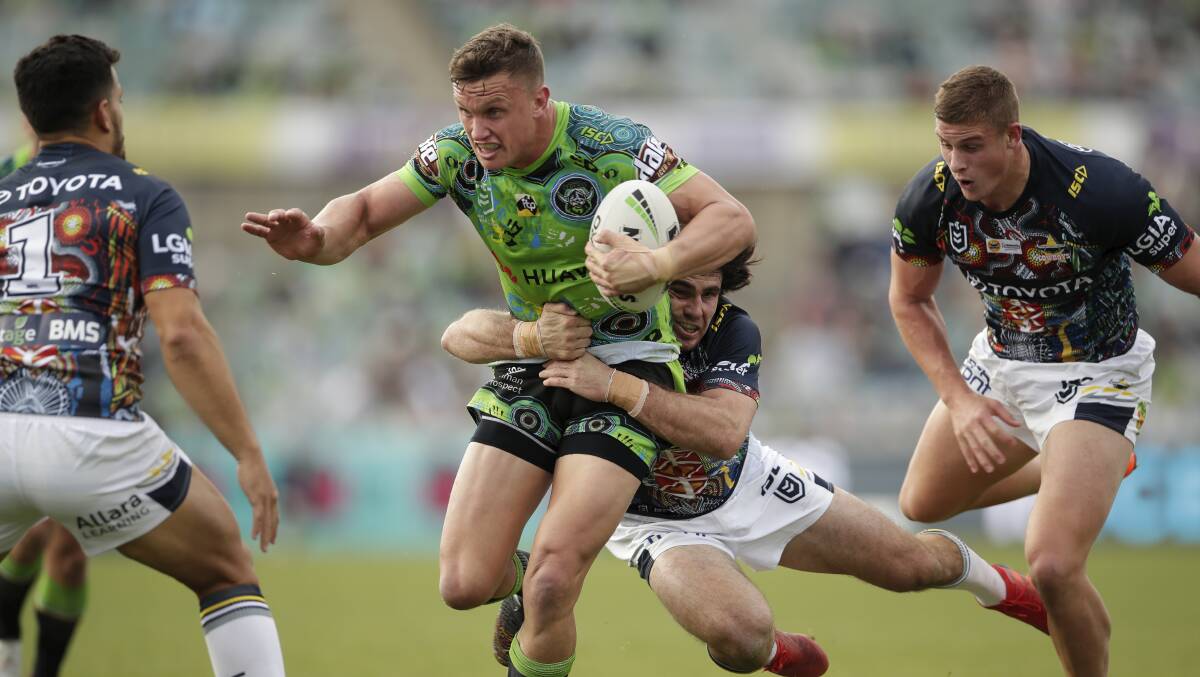 Jack Wighton hits the ball up for the Raiders against the Cowboys during round 11. Picture: Alex Ellinghausen