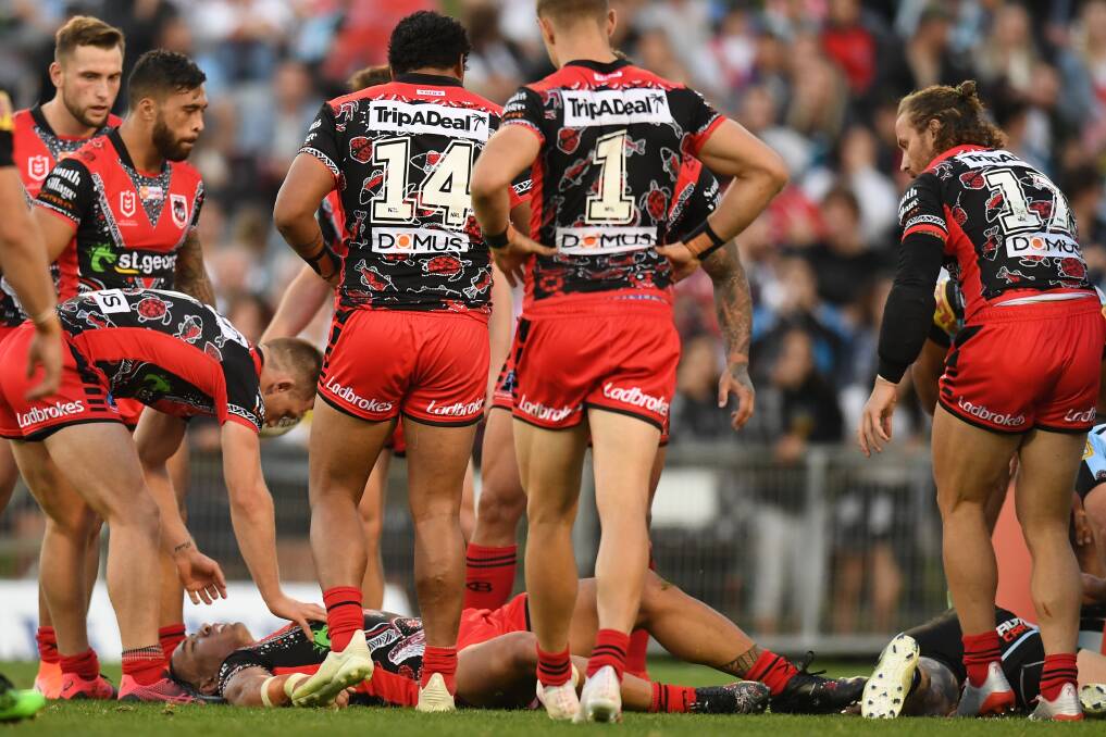 Tyson Frizell was out cold after suffering a head knock against the Sharks. Picture: AAP