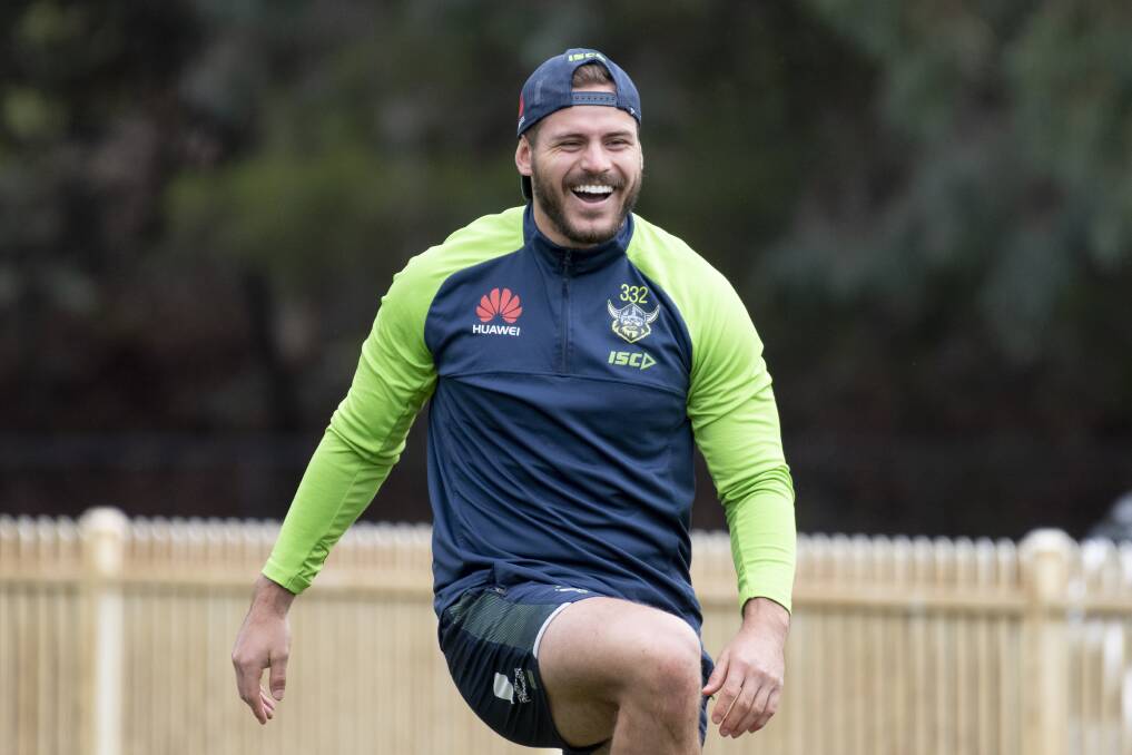 Raiders half Aidan Sezer is all smiles ahead of his return to the team to face the Bulldogs. Picture: Sitthixay Ditthavong