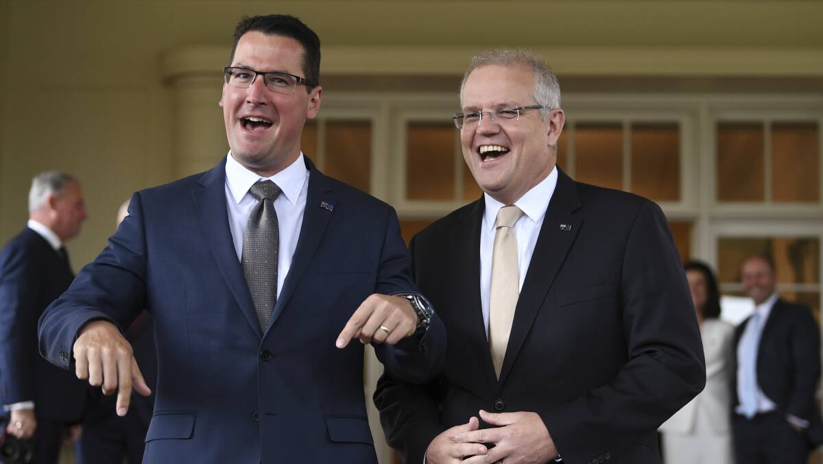 Assistant Minister for Finance, Charities and Electoral Matters Zed Seselja with Prime Minister Scott Morrison at the swearing-in ceremony last week. Picture: AAP
