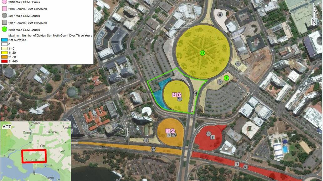 The lime green line outlines the block of land on City Hill which the ACT government intends to sell in 2019-20. 