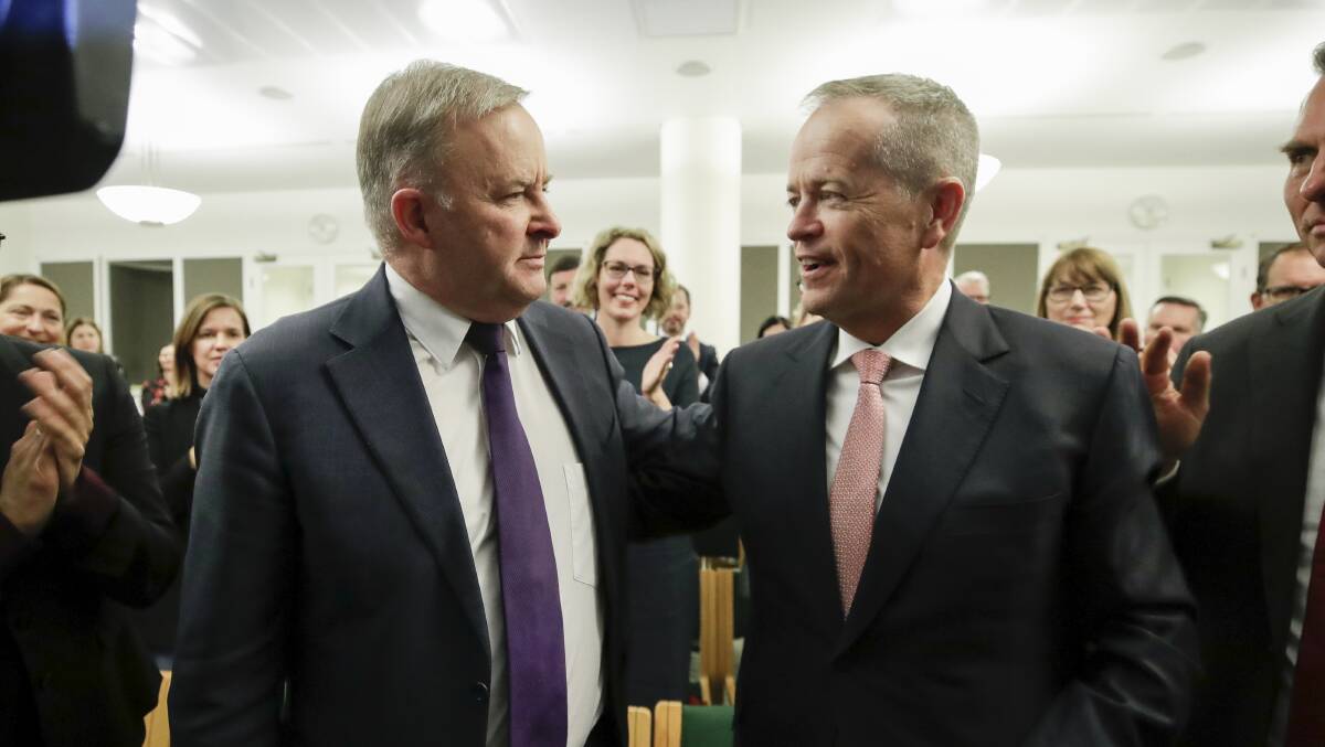 Opposition Leader Anthony Albanese and former Opposition Leader Bill Shorten during a Labor caucus meeting at Parliament House in Canberra on Thursday. Picture: Alex Ellinghausen