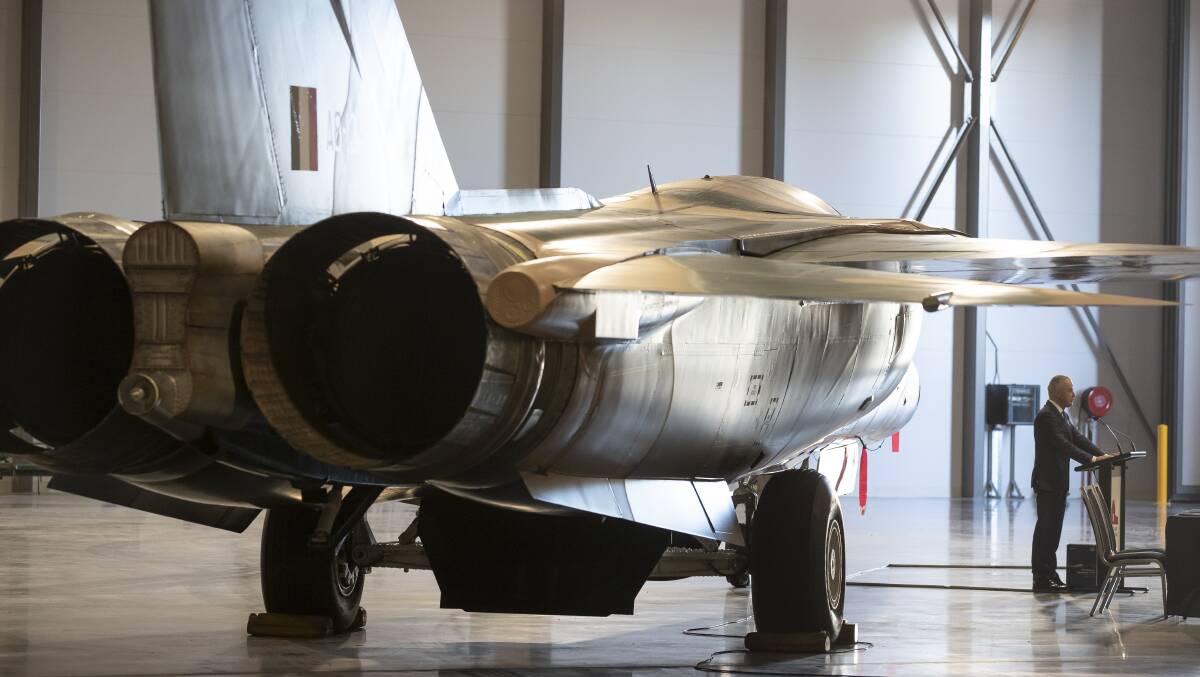 Australian War Memorial director Brendan Nelson announces the acquisition of an F-111 aircraft into its collection. Picture: Sitthixay Ditthavong