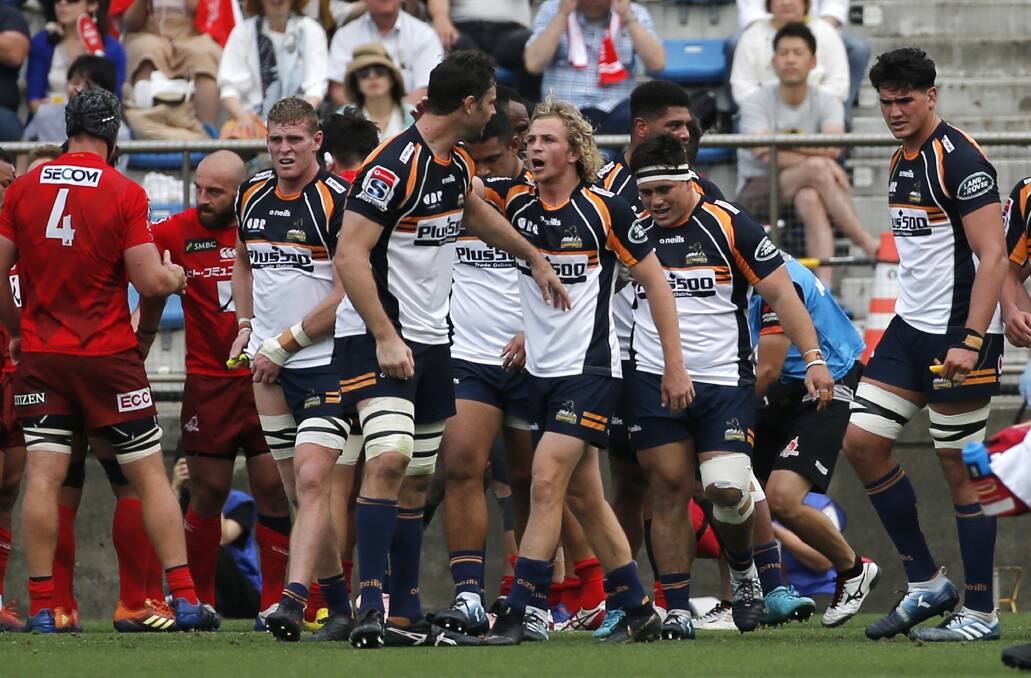 On the charge: The Brumbies could seal their finals fate this weekend. Picture: AP Photo/Shuji Kajiyama