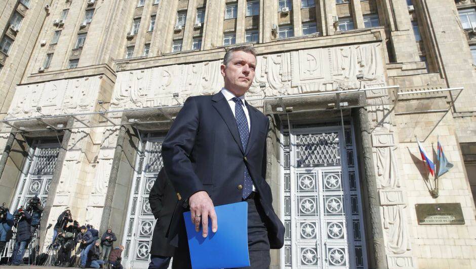 Peter Tesch outside the Russian Foreign Ministry during the diplomat-expulsions row last year. Maxim Shemetov