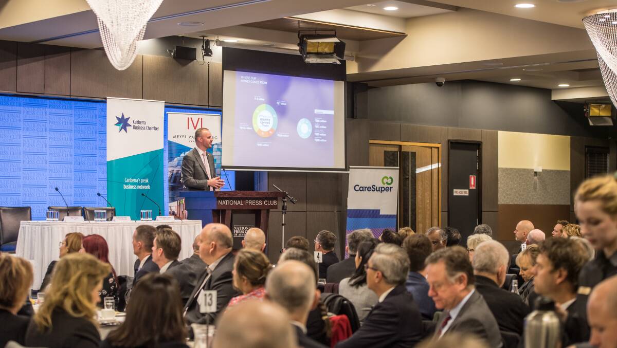 Chief Minister Andrew Barr addresses the Canberra Business Chamber at the 2019 post-budget breakfast. Picture: Karleen Minney
