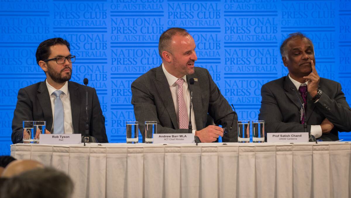 From left: PWC Director of economics and policy Rob Tyson, Chief Minister Andrew Barr and UNSW Professor Satish Chand at the Canberra Business Chamber's 2019 post-budget breakfast. Picture: Karleen Minney