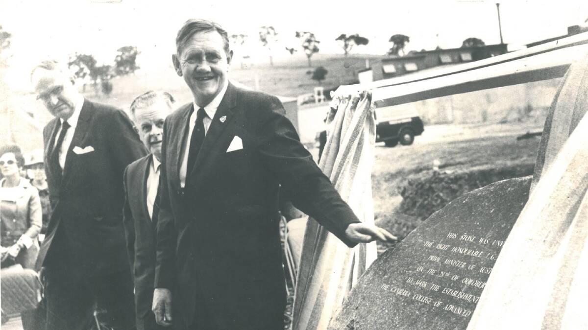 Prime Minister John Gorton unveils the foundation stone at the then Canberra College of Advanced Education in 1968.
