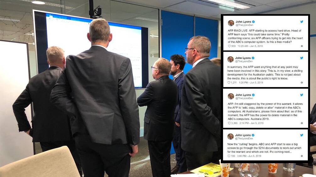John Lyons live tweeted as AFP and ABC lawyers combed through documents to determine which documents were eligible to be handed over under the search warrant. Picture: John Lyons @TheLyonsDen