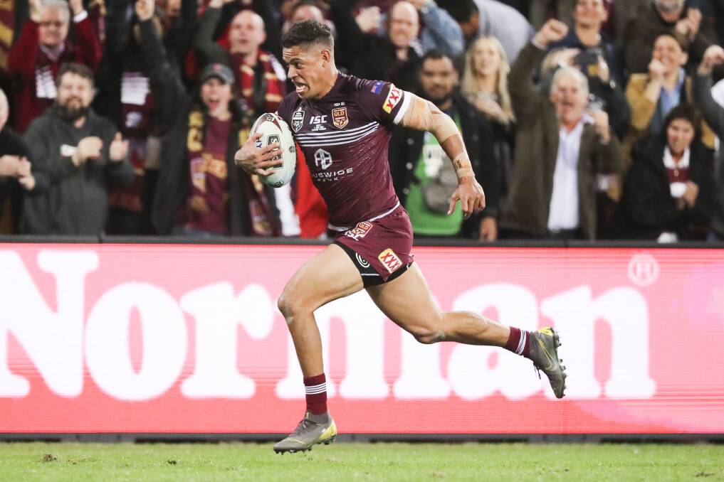 Dane Gagai, of the Maroons, scores a try during Game 1 of the 2019 State of Origin series. Picture: AAP