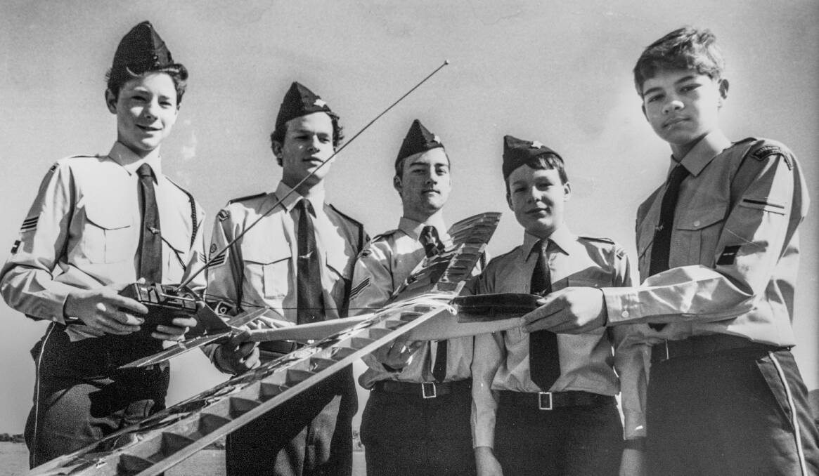 Members of the Australian Air League's Phillip squadron with one of their model aircraft at the Tralee airstrip. 1992.