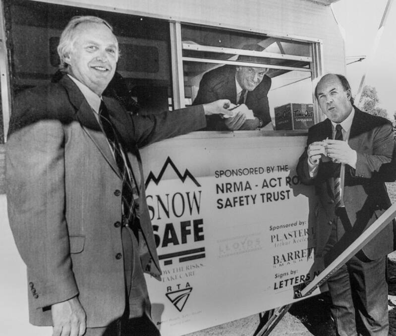 The Apex club of Tuggeranong with the driver reviver stand. From left: Chris Van Hunt of the NRMA, MLA Greg Cornwell, and NSW member for Monaro Peter Cochrane. 1996.