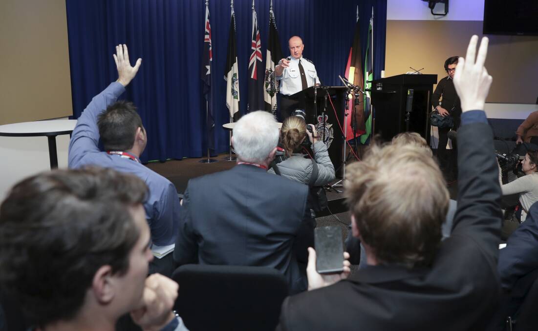 Acting AFP Commissioner Neil Gaughan addresses the media during a press in June on the recent raids on media. Picture: Alex Ellinghausen