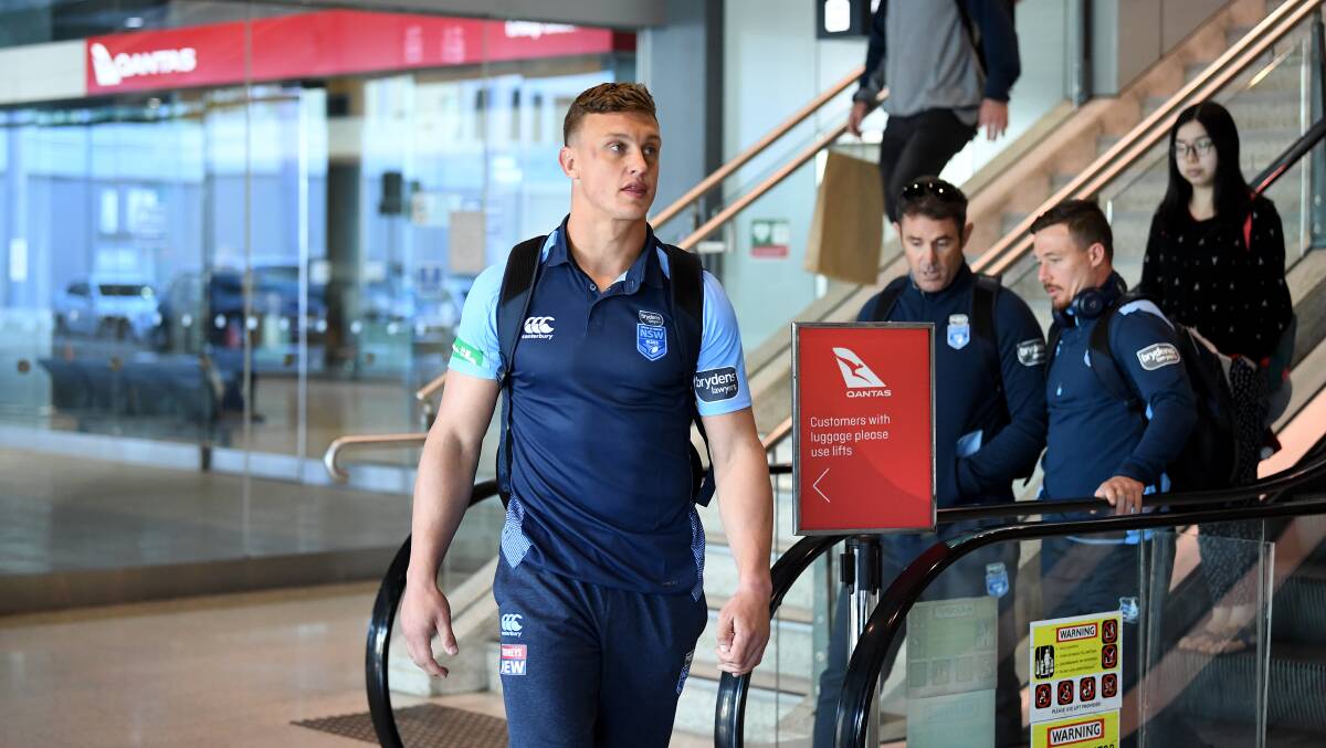 NSW Blues player Jack Wighton on his way to meet up with his Raiders teammates in Sydney. Picture: AAP Image/Joel Carrett