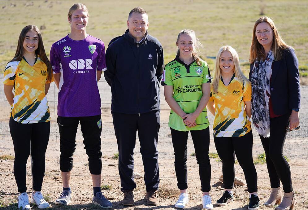 Emma Ilijoski, Finn Jurak, Phil Brown, Laura Hughes, Bella Barac, Yvette Berry at the site of Canberra's 'Home of Football'.
