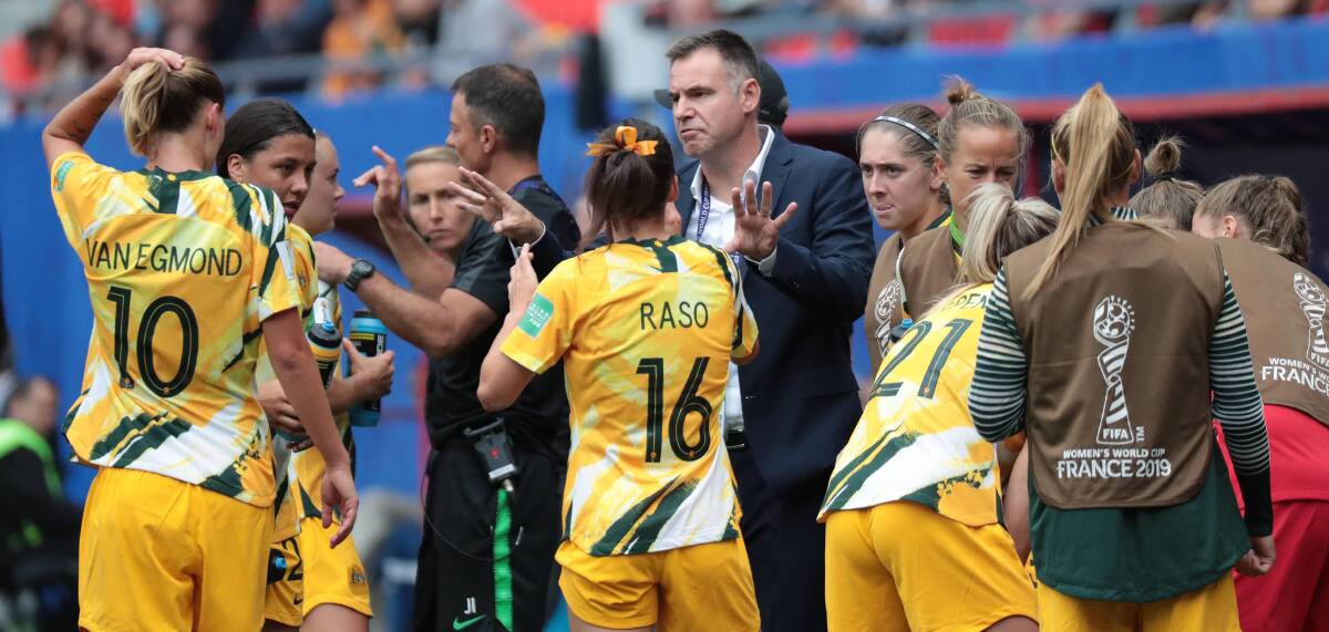 Ante Milicic addresses the Matildas during their loss against Italy. Picture: AAP