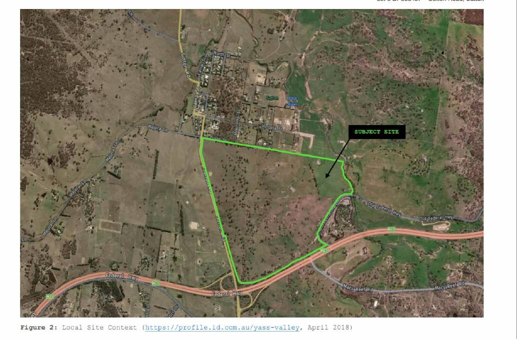 An image which shows the block of land proposed for development bordered in green, with Sutton township just to the north. Picture: Supplied