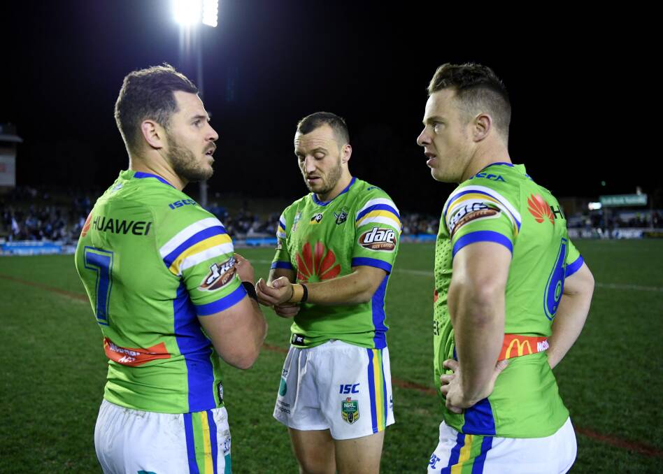 Raiders coach Ricky Stuart says he could rest halfback Aidan Sezer, left, later in the season giving Sam Williams, right, another chance. Picture: Gregg Porteous/NRL Imagery