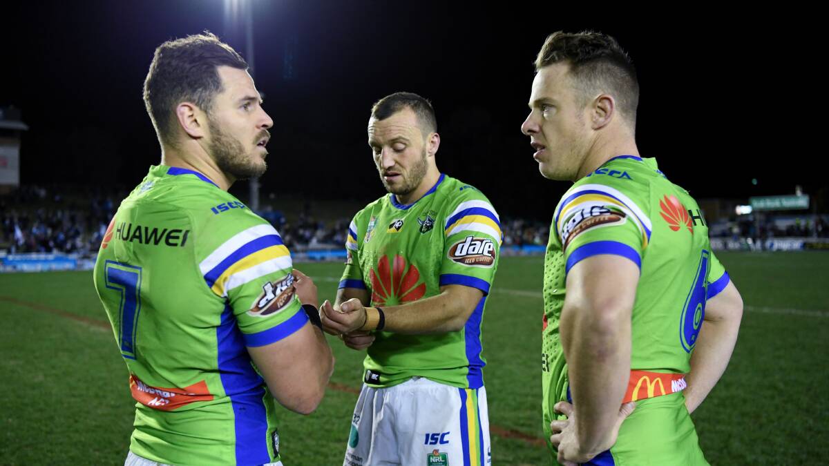 Raiders halves Aidan Sezer, left, and Sam Williams, right, have even more competition with George Williams' signing. Picture: Gregg Porteous/NRL Photos