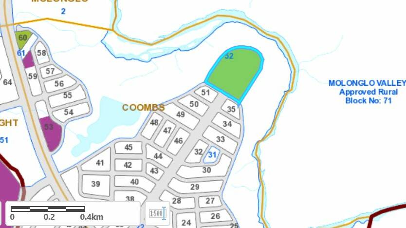 The Coombs peninsula. The area in green is marked for 30 houses in the latest land release program, but borders the new Molonglo River Reserve.