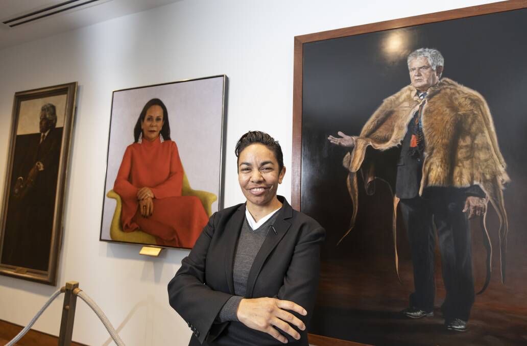 Department of Parliamentary Services assistant director indigenous engagement and strategy Cara Kirkwood says she draws inspiration from portraits of indigenous parliamentarians Neville Bonner, Linda Burney, and Ken Wyatt. Picture: Sitthixay Ditthavong
