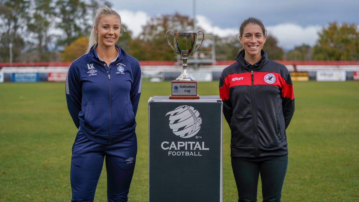 Belconnen United captain Lauren Keir and her Woden-Weston counterpart Cassia McGlashan ahead of the Federation Cup final at Deakin Stadium. Picture: David Jordan (Capital Football)