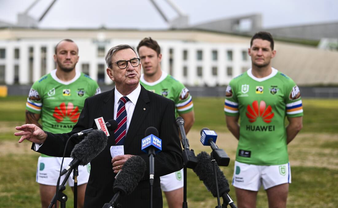 Huawei chairman John Lord speaks to the media after signing a new deal to be the Canberra Raiders' major sponsor. Picture: AAP Image