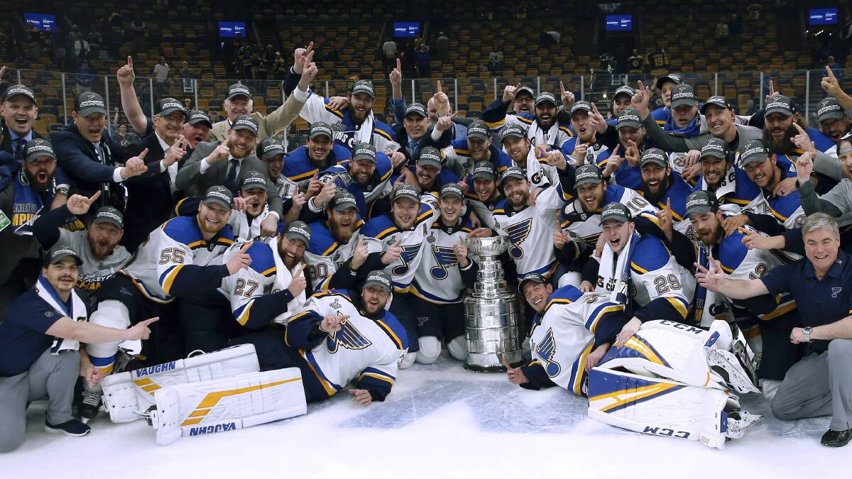The St. Louis Blues celebrate with the Stanley Cup after they defeated the Boston Bruins in game seven of the NHL Stanley Cup final. Picture: AP