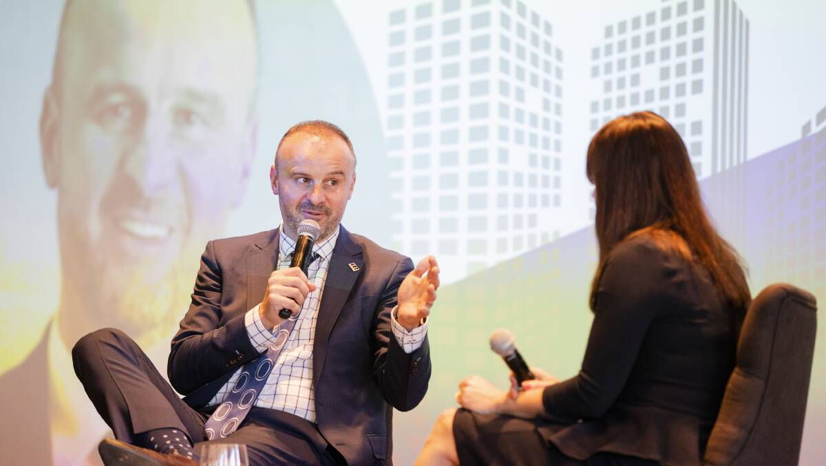 Chief Minister Andrew Barr, who was interviewed by Property Council ACT executive director Adina Cirson at an event on Thursday. Picture: Jamila Toderas