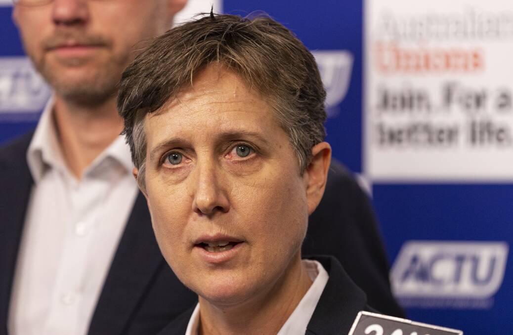 ACTU secretary Sally McManus at a press conference on Thursday. Picture: AAP Image/Daniel Pockett
