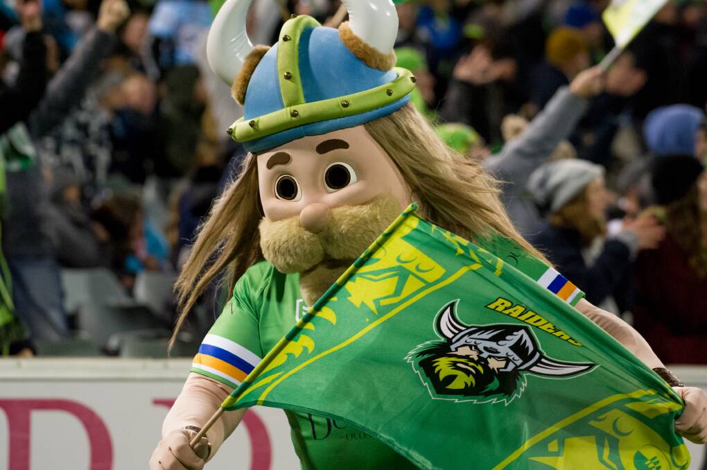 Cancel Culture even has its eyes on the Canberra Raiders and their beloved mascot Victor the Viking. Picture: Elesa Kurtz
