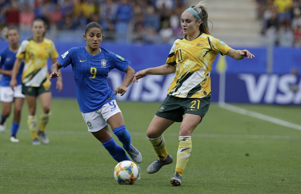 Canberra United's Ellie Carpenter, right, may be rested from the Matildas' final group game at the World Cup against Jamaica. Picture: AP