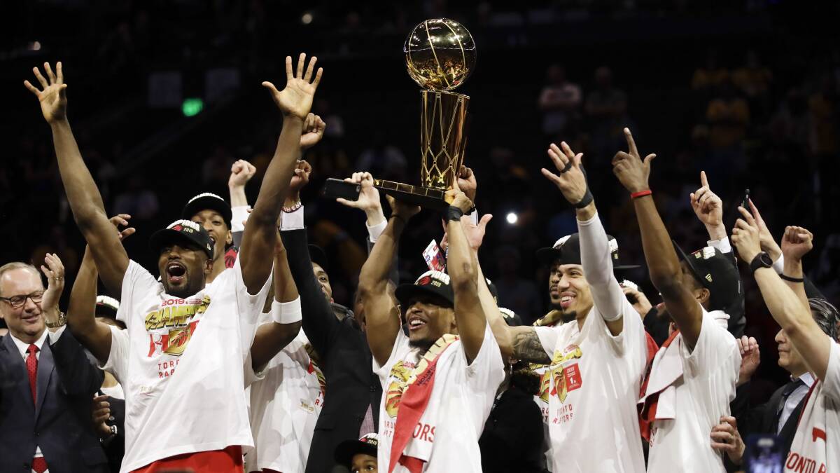 Toronto Raptors players celebrate their NBA championship. Picture: AP