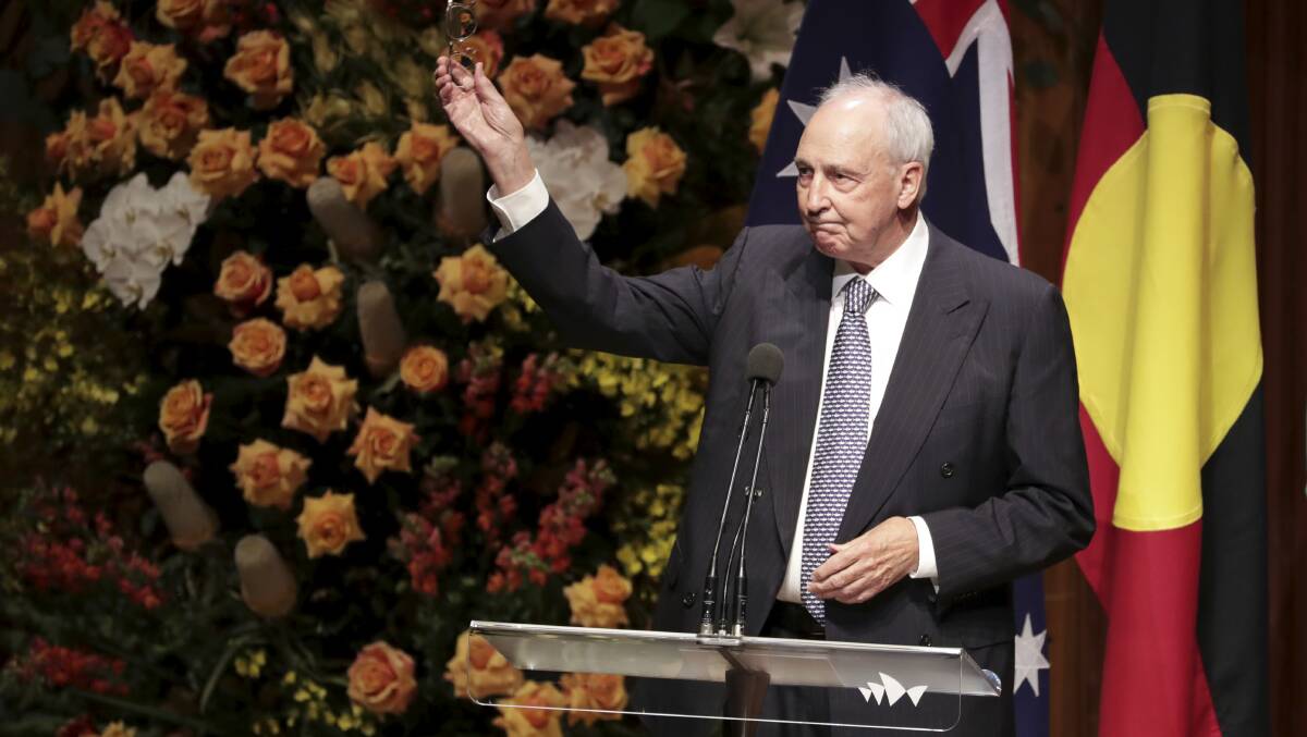 Former prime minister Paul Keating speaks during the state memorial service for former prime minister Bob Hawke at the Sydney Opera House on Friday. At left, Blanche D'Alpuget and Sophie Taylor-Price speak, and a video of Bob Hawke. Pictures: Alex Ellinghausen
