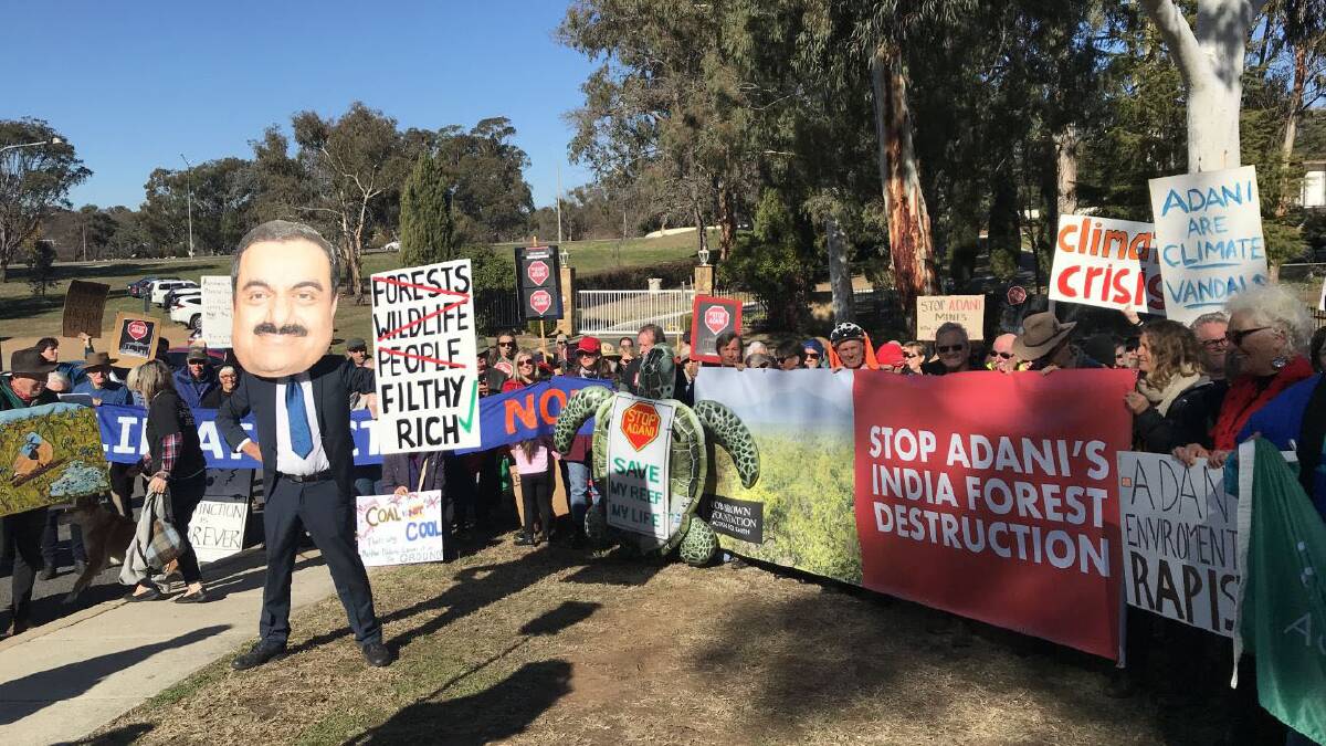 Anti-Adani protesters gathered Saturday outside the Indian High Commission in Canberra, with a smaller group also staging an event at the country's consulate in Sydney. Picture: Bob Brown Foundation