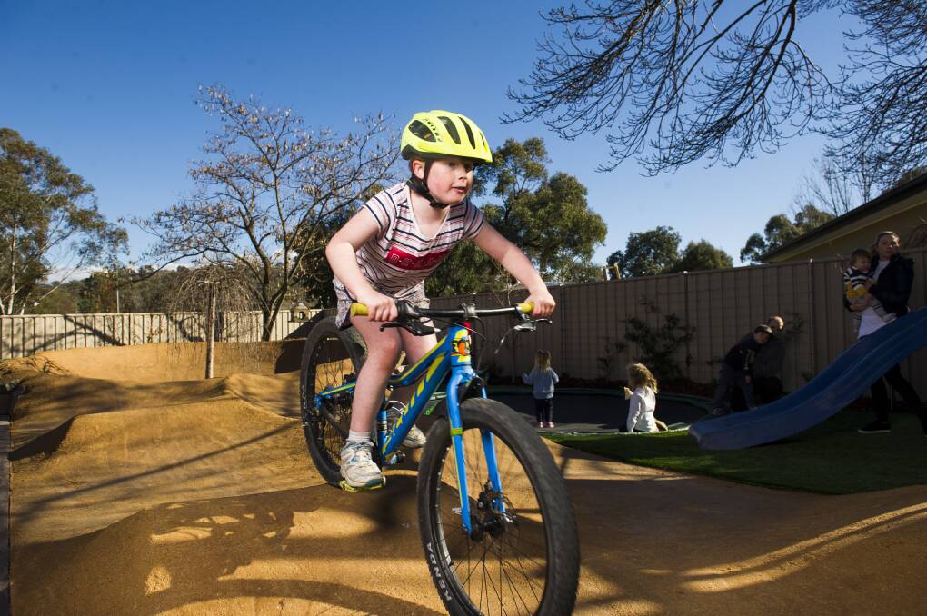 Lexi Paton, 8, riding on the full pump track. Picture: Dion Georgopoulos