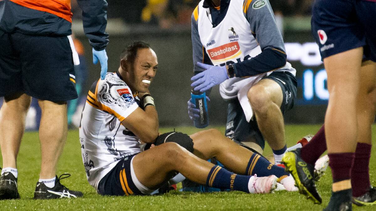 Christian Lealiifano gave Brumbies fans a mighty scare as he was brought to the ground by the Tongan Thor. Picture: Elesa Kurtz