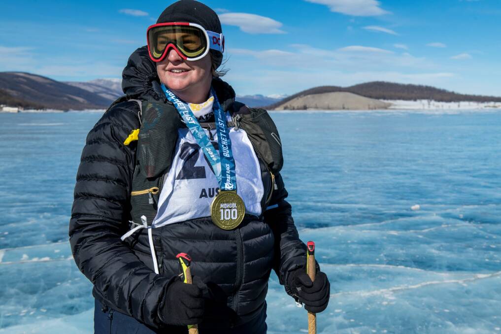 Canberran Cath Wallis during her 100-mile hike across Lake Khovsgol in Mongolia. Picture: Supplied