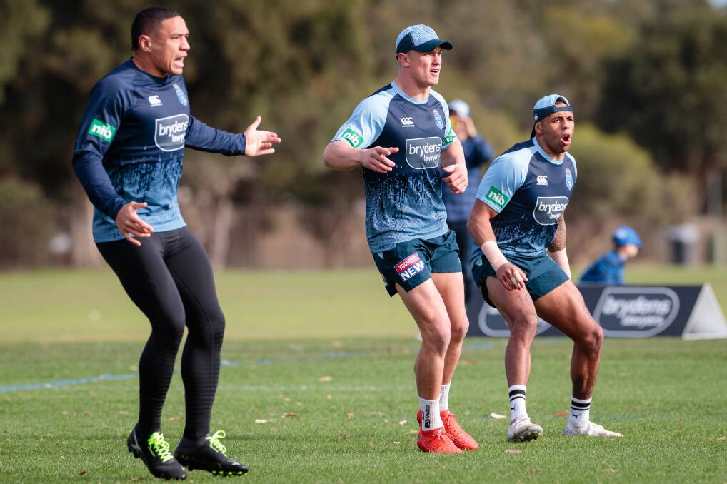 Raiders five-eighth Jack Wighton, centre, gets in line with Blues teammates Tyson Frizell and Josh Addo-Carr. Picture: AAP Image/Richard Wainwright