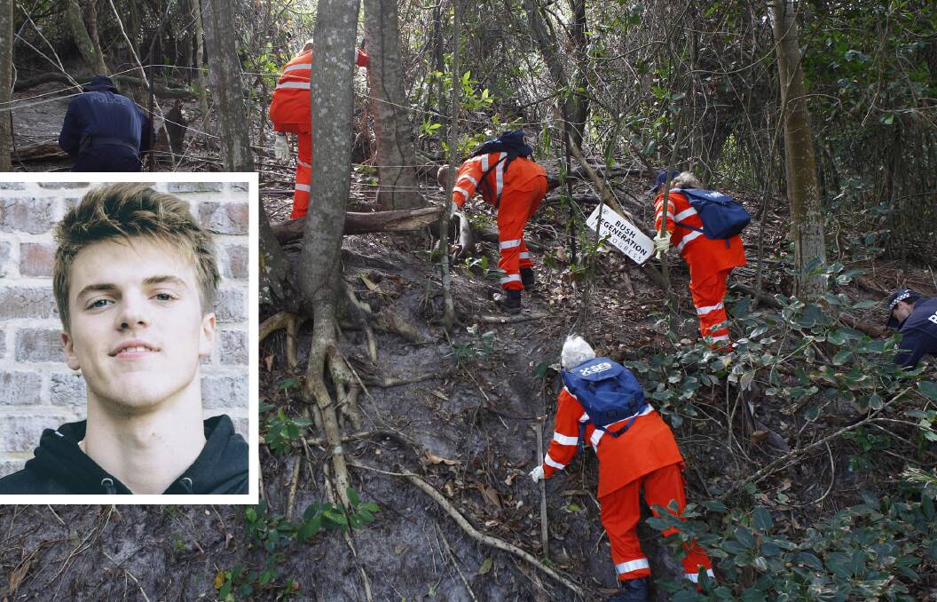 SES workers search for Theo Hayez (inset) at The Pass in Byron Bay last month. Man picture: Danielle Smith