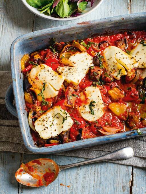 Ratatouille and halloumi bake from The Fast 800 Recipe Book, by Dr Clare Bailey and Justine Pattison. Simon and Schuster, $35.