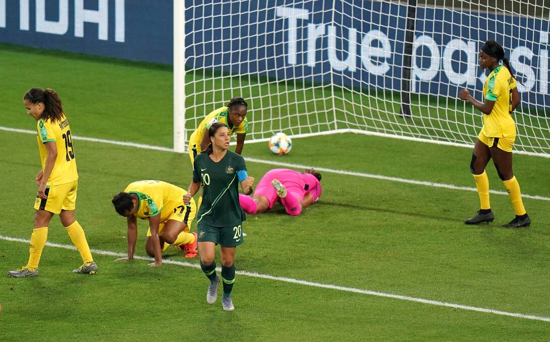 Australia's Sam Kerr (centre) scored all four of Australia's goals against Jamaica. Picture: AP
