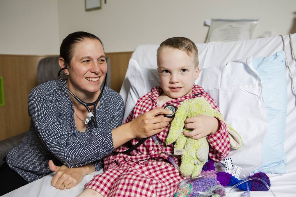 Canberra Hospital staff specialist paediatrician Dr Felicity Williams and six-year-old Kalten Nelson on Wednesday. Picture: Jamila Toderas