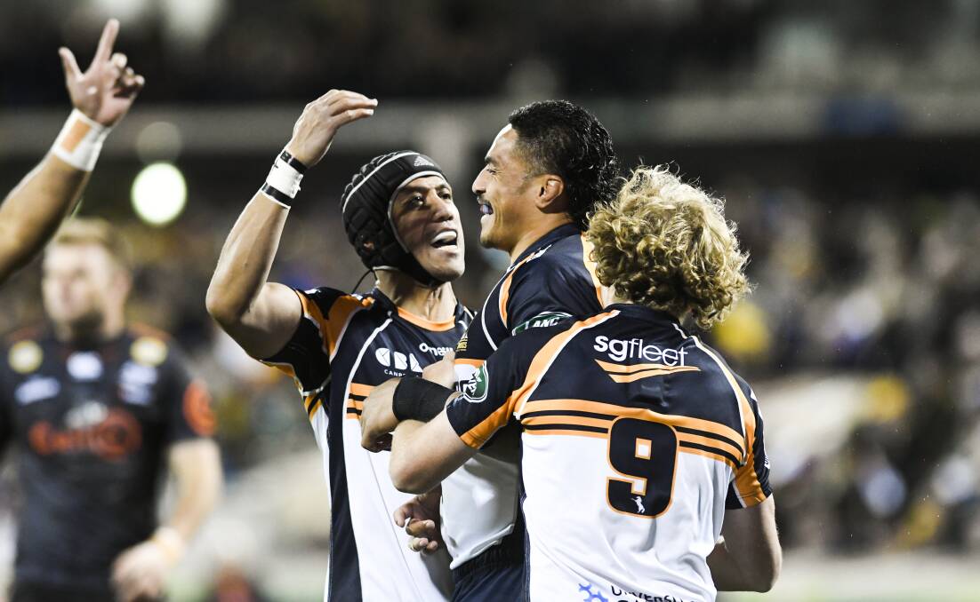 Pete Samu, centre, scored the first try of the game after less than a minute. Picture: Dion Georgopoulos