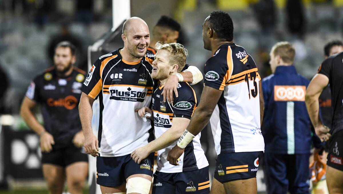 Lachlan McCaffrey, left, Matt Lucas and Tevita Kuridrani will all be keys to the Brumbies hopes of success next year. Picture: Dion Georgopoulos