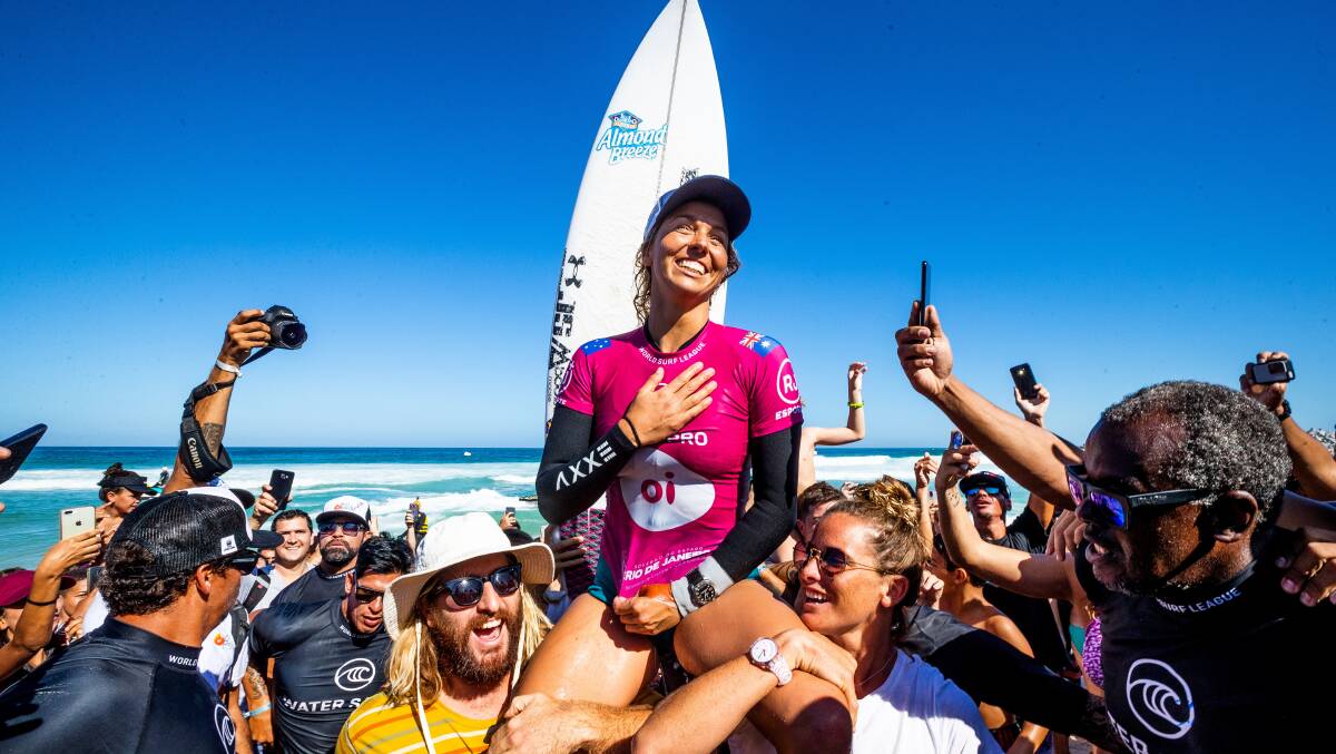 Sally Fitzgibbons celebrates after winning the 2019 Oi Rio Pro in Rio de Janeiro, Brazil. Picture: WSL
