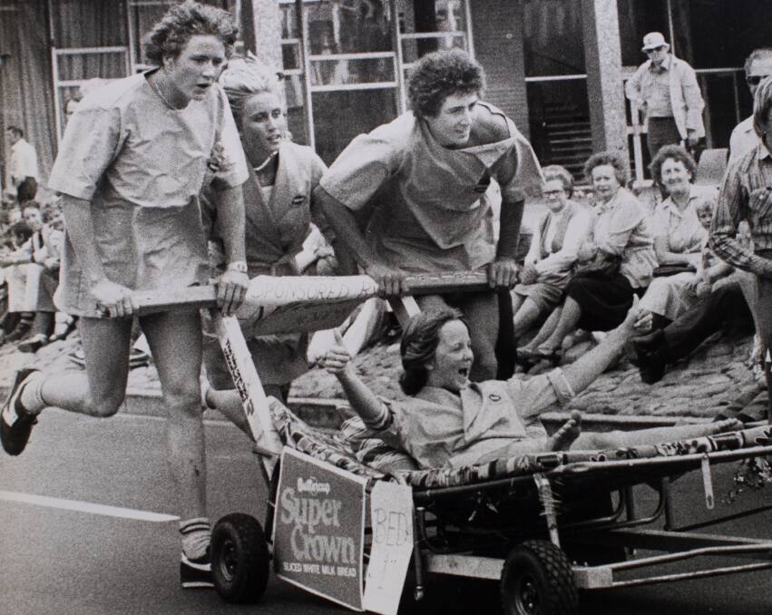 The winners of the bed race at the Canberra Festival in 1982. The Tancred team (from left): Brent Carlisle, Rebecca Eardley, Matthew Eardley and Lea Goudie.
