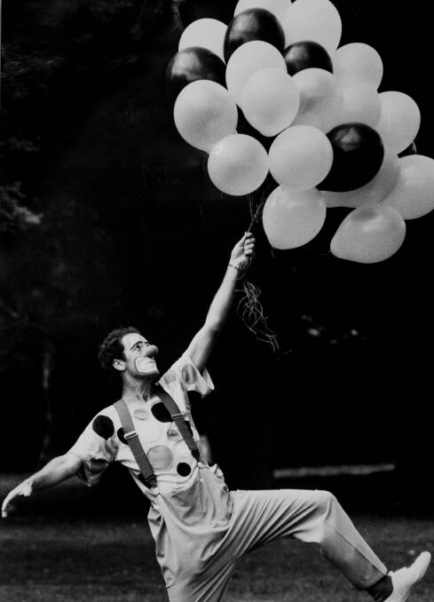 The Canberra Festival's official clown Burley the Clown, performs a balloon routine in Commonwealth Park in 1985.
