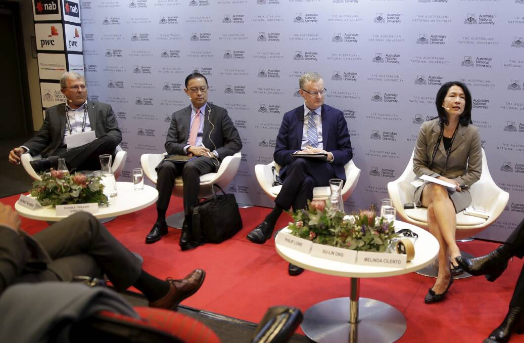 The Crawford leadership forum on Monday, from left, Warwick McKibbin from the Australian National University, chairman Indonesia Investment Coordinating Board Thomas Lembong, governor of the Reserve Bank of Australia Philip Lowe, and managing director of RBC Capital Markets Su-Lin Ong. Picture: Alex Ellinghausen