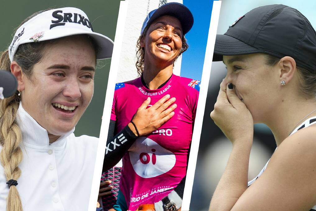 Ash Barty, right, and Sally Fitzgibbons, centre, claimed the world No.1 rankings in tennis and surfing, while Hannah Green, left, broke the majors drought in women's golf.